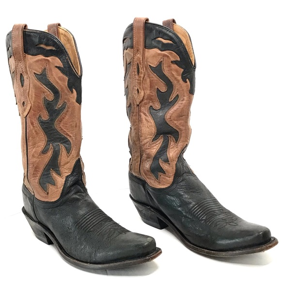 OLD WEST Leather Cowboy Boots Western Ranch Size 8 Two Tone Tan Black Ranch - Picture 6 of 14